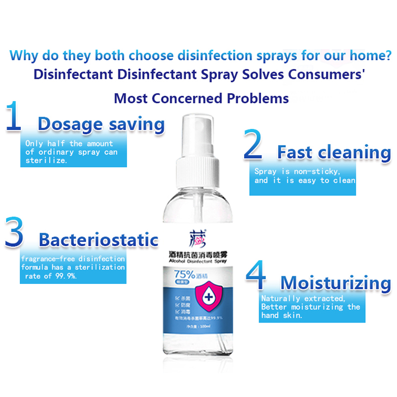Private Label 100ml 75% portable waterless hand sanitizers Antibacterial disinfectant alcohol spray